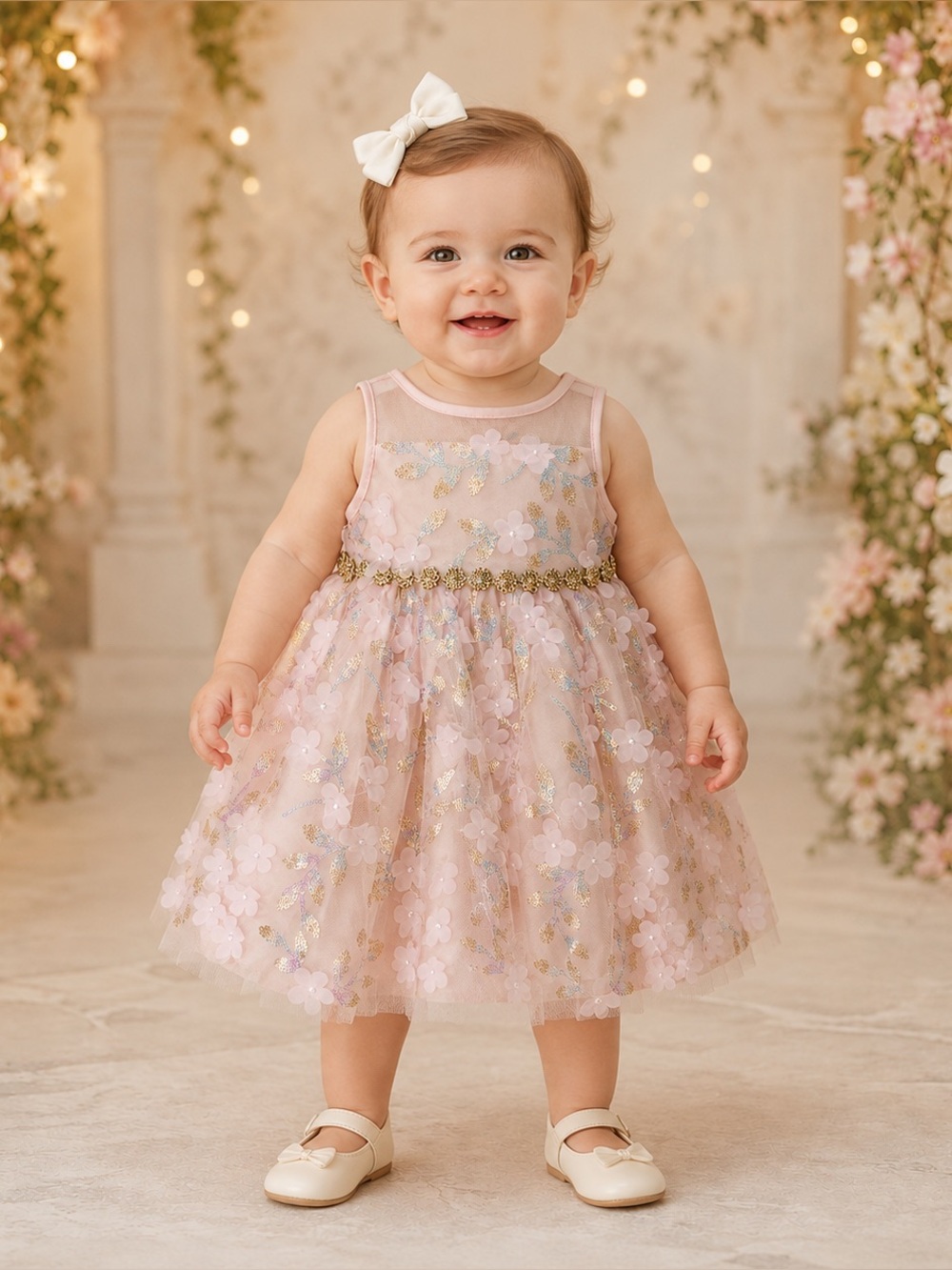 Prima Biscotti 12M Pink Floral Sequin Dress Bloomers & Bow NWT